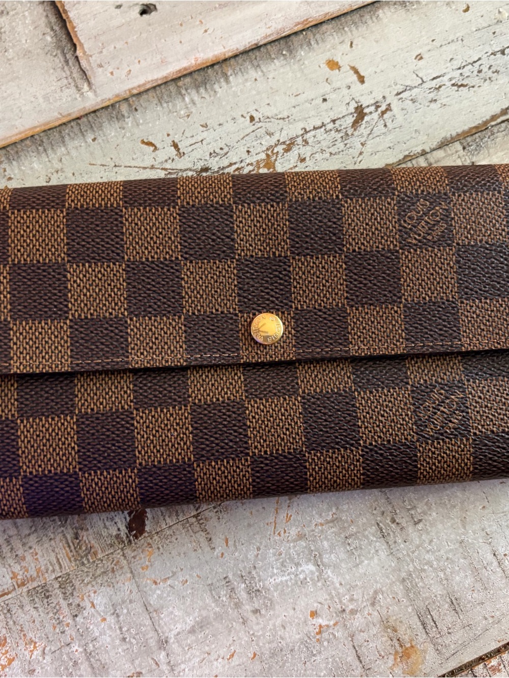 Louis Vuitton Brown Damier Ebene Sarah Wallet with Gold Snap